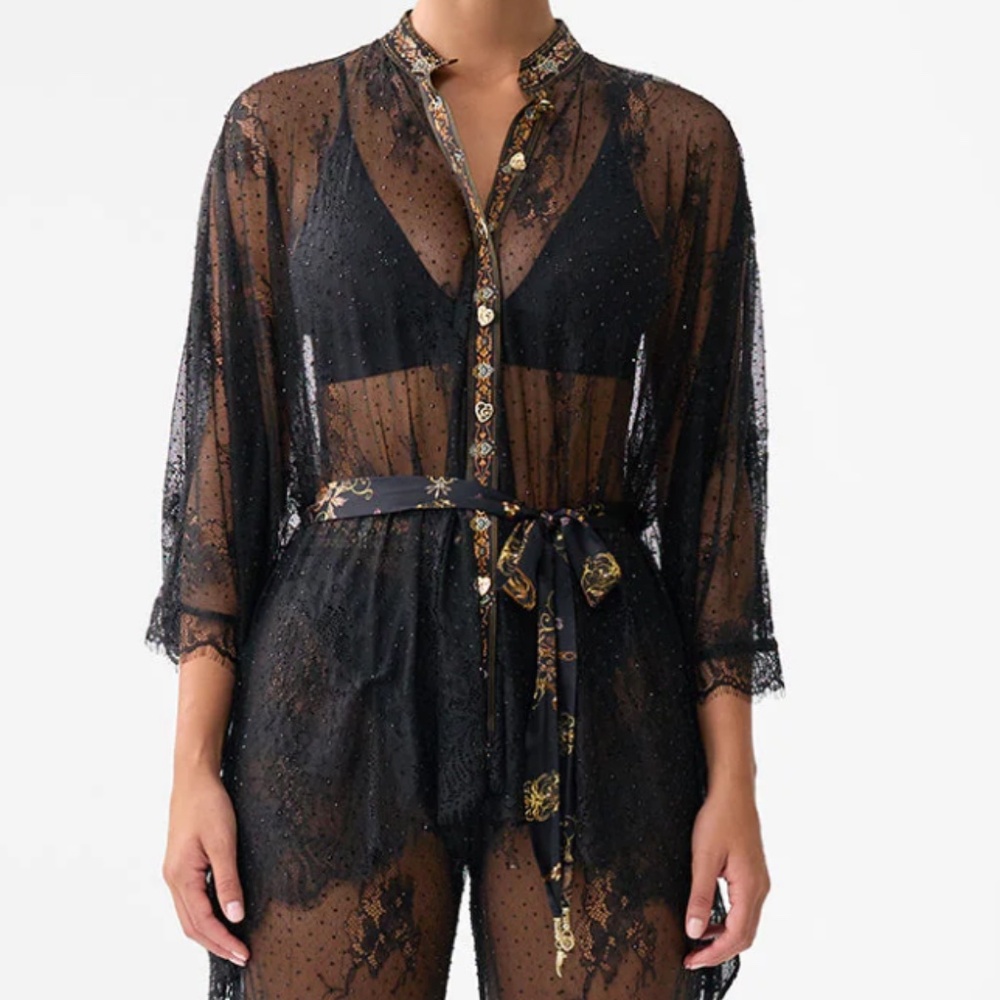 Camilla XS/S Button Through Lace Scarf Black Blouse - Picture 2 of 5